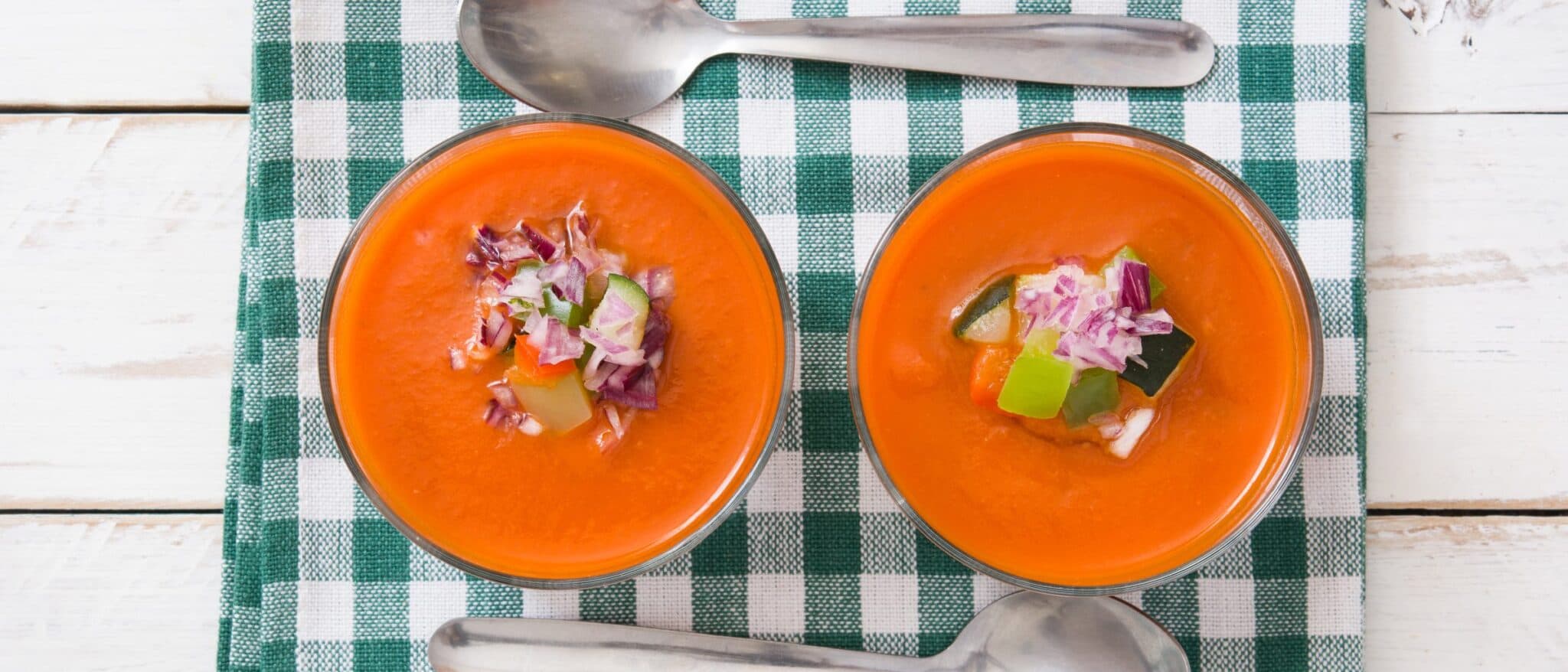 Two bowls of gazpacho, the cold tomato soup of Andalucía