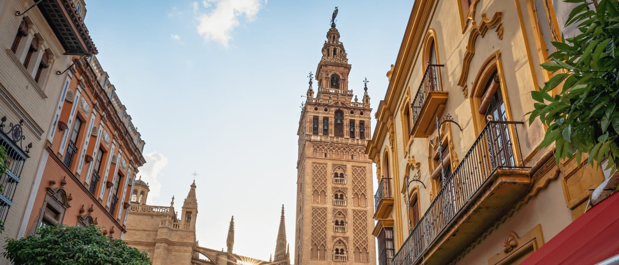 The Giralda tower rising above the streets beside Seville cathedral