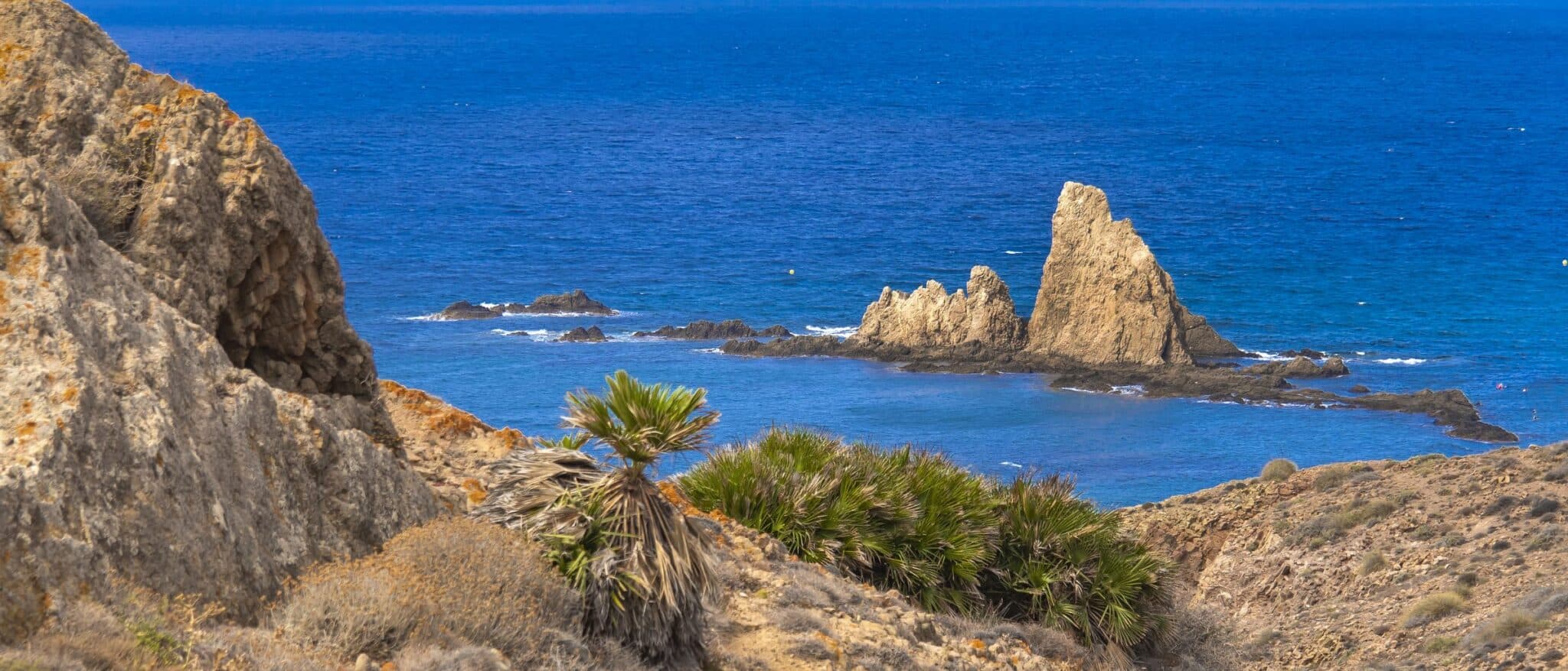 The Arrecife de las Sirenas off Cabo de Gata, volcanic rock stacks in deep blue sea below dwarf palms