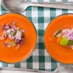 Two bowls of gazpacho, the cold tomato soup of Andalucía