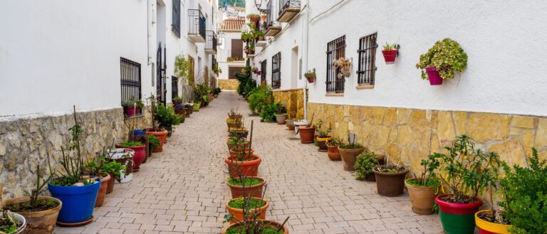 A street lined with flowerpots in Hornos de Segura, Jaén province